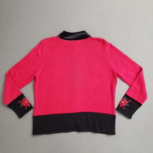 Tiara International Christmas Cardigan‎ Large Festive Red Poinsettia Embroidery - Picture 2 of 13